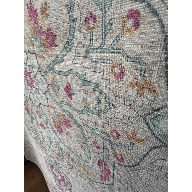 Washable Zahra S0063 Traditional Vintage Distressed Medallion Border Digitally Printed Lightweight Textured Polyester Flatweave Warm Cream/Pastel Pink/Rose/Powder Blue/Peach/Golden Beige Rug