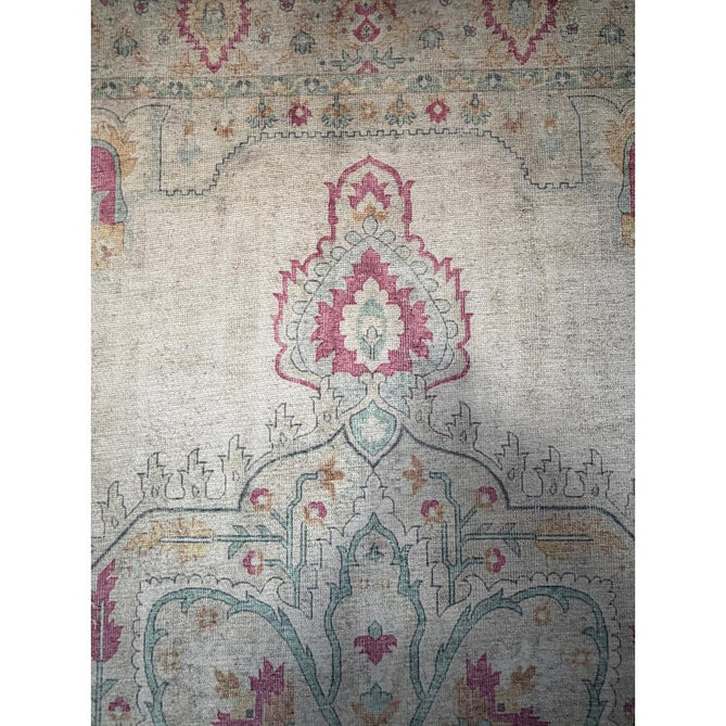 Washable Zahra S0063 Traditional Vintage Distressed Medallion Border Digitally Printed Lightweight Textured Polyester Flatweave Warm Cream/Pastel Pink/Rose/Powder Blue/Peach/Golden Beige Rug
