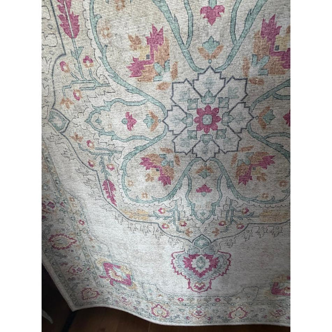 Washable Zahra S0063 Traditional Vintage Distressed Medallion Border Digitally Printed Lightweight Textured Polyester Flatweave Warm Cream/Pastel Pink/Rose/Powder Blue/Peach/Golden Beige Rug