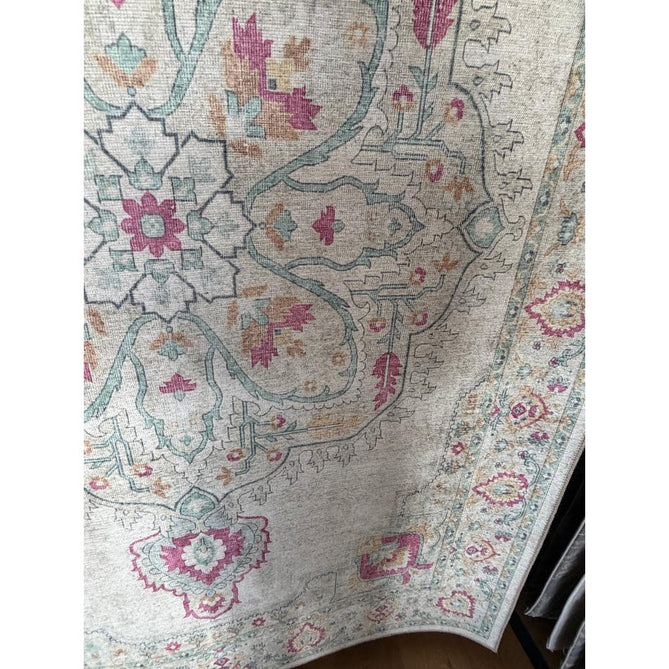Washable Zahra S0063 Traditional Vintage Distressed Medallion Border Digitally Printed Lightweight Textured Polyester Flatweave Warm Cream/Pastel Pink/Rose/Powder Blue/Peach/Golden Beige Rug