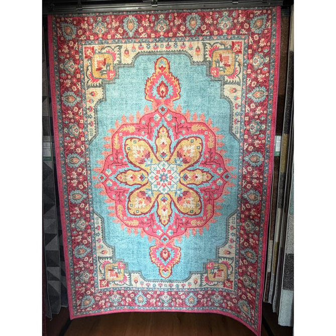 Washable Zahra S0063 Traditional Vintage Distressed Medallion Border Digitally Printed Lightweight Textured Polyester Flatweave Turquoise Blue/Deep Red/Coral Pink/Ochre/Cream Rug