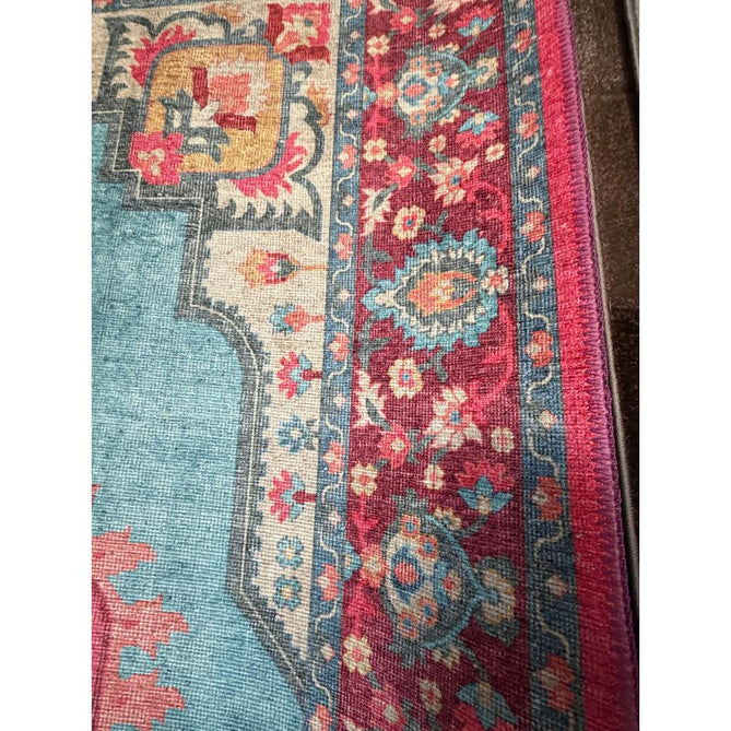 Washable Zahra S0063 Traditional Vintage Distressed Medallion Border Digitally Printed Lightweight Textured Polyester Flatweave Turquoise Blue/Deep Red/Coral Pink/Ochre/Cream Rug