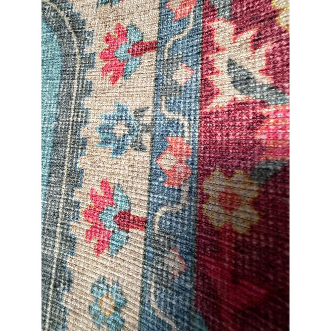 Washable Zahra S0063 Traditional Vintage Distressed Medallion Border Digitally Printed Lightweight Textured Polyester Flatweave Turquoise Blue/Deep Red/Coral Pink/Ochre/Cream Rug