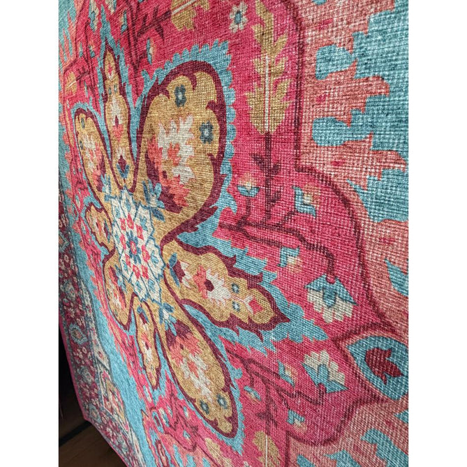 Washable Zahra S0063 Traditional Vintage Distressed Medallion Border Digitally Printed Lightweight Textured Polyester Flatweave Turquoise Blue/Deep Red/Coral Pink/Ochre/Cream Rug