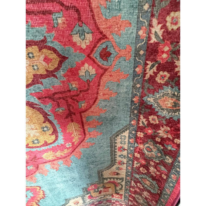 Washable Zahra S0063 Traditional Vintage Distressed Medallion Border Digitally Printed Lightweight Textured Polyester Flatweave Turquoise Blue/Deep Red/Coral Pink/Ochre/Cream Rug