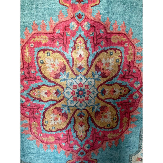 Washable Zahra S0063 Traditional Vintage Distressed Medallion Border Digitally Printed Lightweight Textured Polyester Flatweave Turquoise Blue/Deep Red/Coral Pink/Ochre/Cream Rug