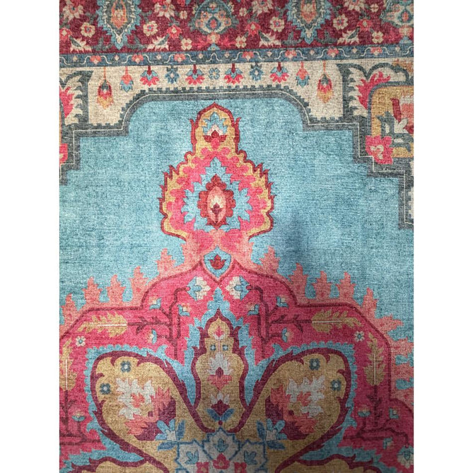 Washable Zahra S0063 Traditional Vintage Distressed Medallion Border Digitally Printed Lightweight Textured Polyester Flatweave Turquoise Blue/Deep Red/Coral Pink/Ochre/Cream Rug