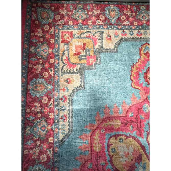 Washable Zahra S0063 Traditional Vintage Distressed Medallion Border Digitally Printed Lightweight Textured Polyester Flatweave Turquoise Blue/Deep Red/Coral Pink/Ochre/Cream Rug