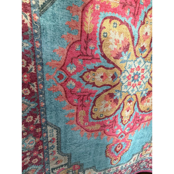 Washable Zahra S0063 Traditional Vintage Distressed Medallion Border Digitally Printed Lightweight Textured Polyester Flatweave Turquoise Blue/Deep Red/Coral Pink/Ochre/Cream Rug