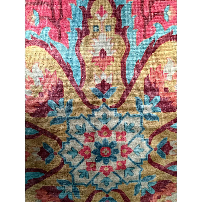 Washable Zahra S0063 Traditional Vintage Distressed Medallion Border Digitally Printed Lightweight Textured Polyester Flatweave Turquoise Blue/Deep Red/Coral Pink/Ochre/Cream Rug