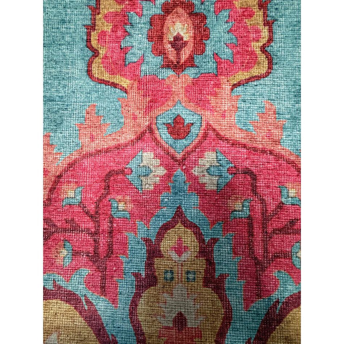 Washable Zahra S0063 Traditional Vintage Distressed Medallion Border Digitally Printed Lightweight Textured Polyester Flatweave Turquoise Blue/Deep Red/Coral Pink/Ochre/Cream Rug