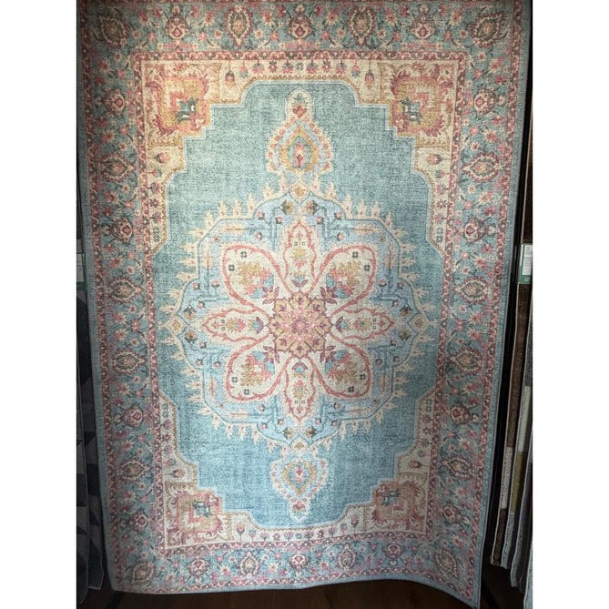 Washable Zahra S0063 Traditional Vintage Distressed Medallion Border Digitally Printed Lightweight Textured Polyester Flatweave Soft Sky Blue/Blush Pink/Peach Coral/Ivory/Golden Beige Rug