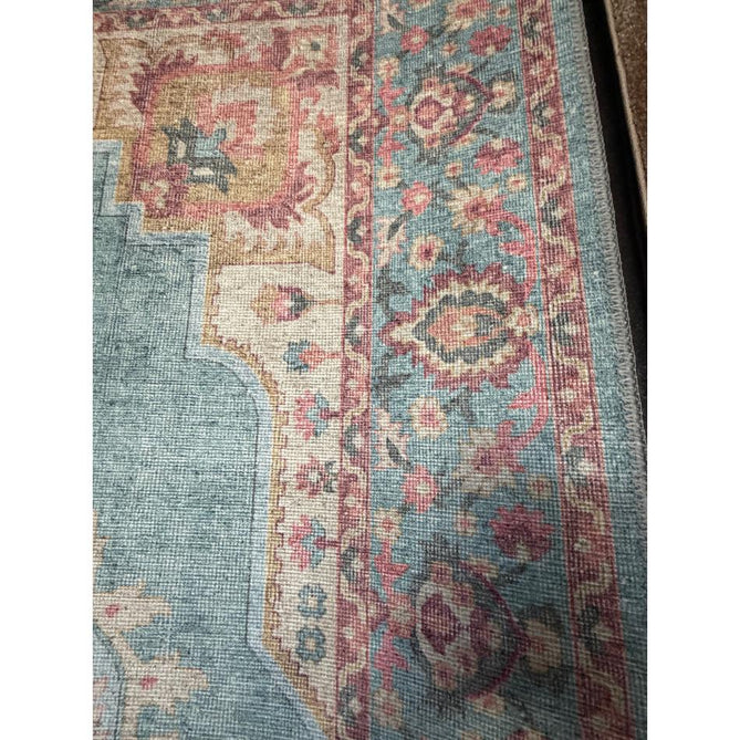 Washable Zahra S0063 Traditional Vintage Distressed Medallion Border Digitally Printed Lightweight Textured Polyester Flatweave Soft Sky Blue/Blush Pink/Peach Coral/Ivory/Golden Beige Rug