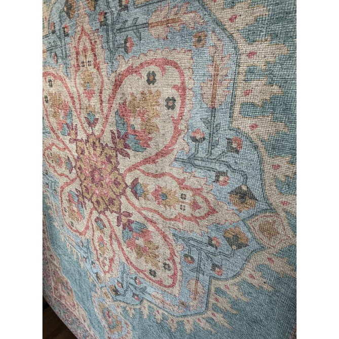 Washable Zahra S0063 Traditional Vintage Distressed Medallion Border Digitally Printed Lightweight Textured Polyester Flatweave Soft Sky Blue/Blush Pink/Peach Coral/Ivory/Golden Beige Rug