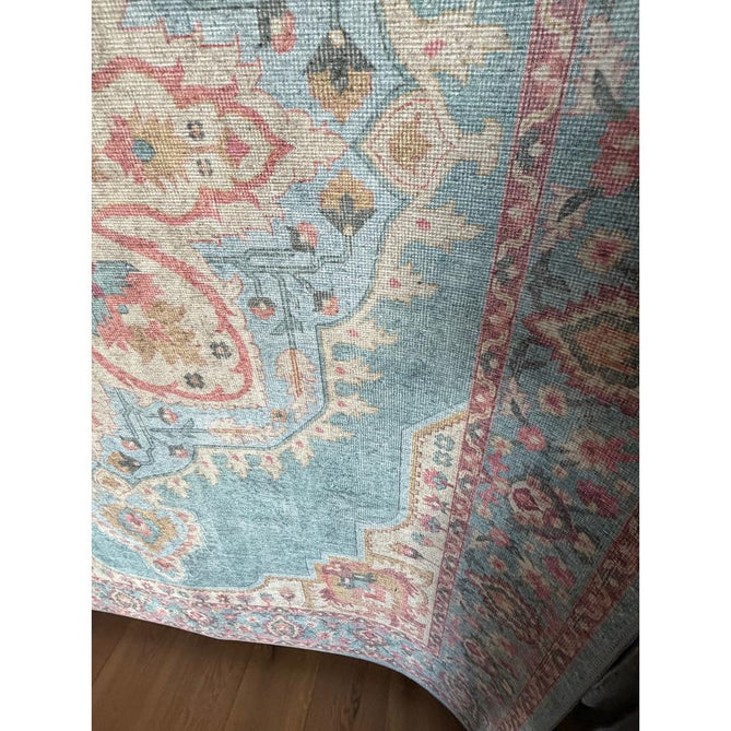 Washable Zahra S0063 Traditional Vintage Distressed Medallion Border Digitally Printed Lightweight Textured Polyester Flatweave Soft Sky Blue/Blush Pink/Peach Coral/Ivory/Golden Beige Rug