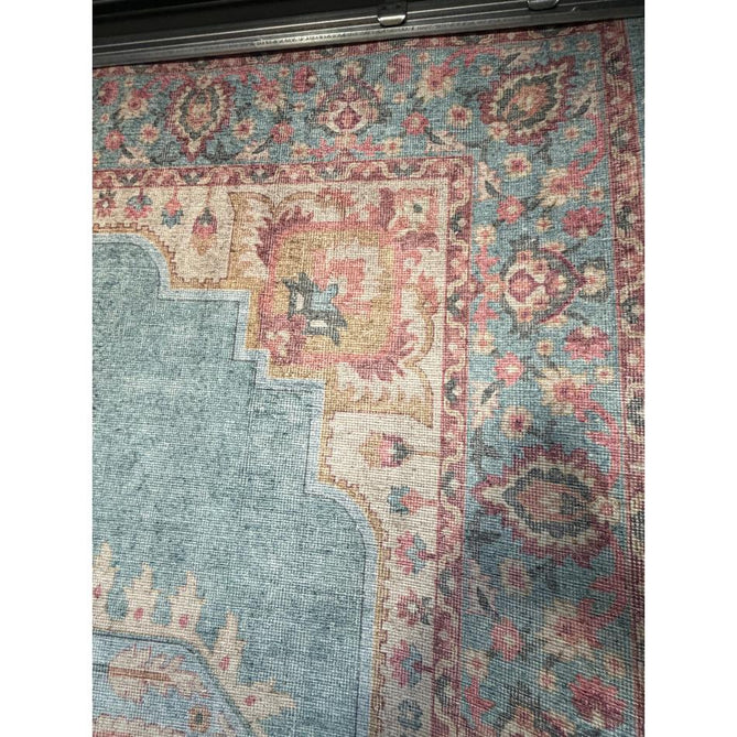 Washable Zahra S0063 Traditional Vintage Distressed Medallion Border Digitally Printed Lightweight Textured Polyester Flatweave Soft Sky Blue/Blush Pink/Peach Coral/Ivory/Golden Beige Rug