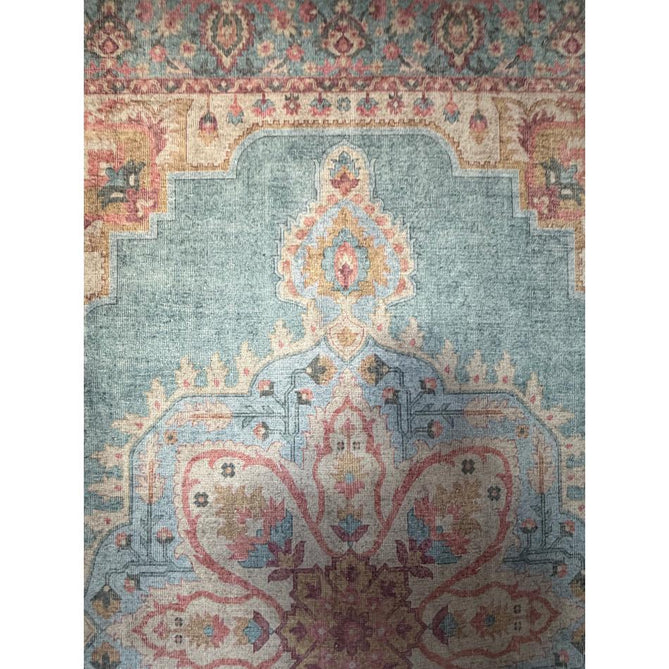 Washable Zahra S0063 Traditional Vintage Distressed Medallion Border Digitally Printed Lightweight Textured Polyester Flatweave Soft Sky Blue/Blush Pink/Peach Coral/Ivory/Golden Beige Rug