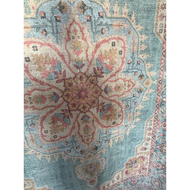Washable Zahra S0063 Traditional Vintage Distressed Medallion Border Digitally Printed Lightweight Textured Polyester Flatweave Soft Sky Blue/Blush Pink/Peach Coral/Ivory/Golden Beige Rug