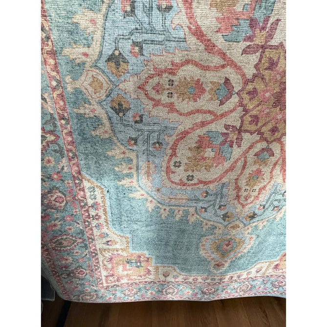 Washable Zahra S0063 Traditional Vintage Distressed Medallion Border Digitally Printed Lightweight Textured Polyester Flatweave Soft Sky Blue/Blush Pink/Peach Coral/Ivory/Golden Beige Rug