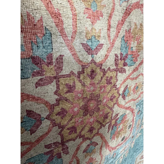 Washable Zahra S0063 Traditional Vintage Distressed Medallion Border Digitally Printed Lightweight Textured Polyester Flatweave Soft Sky Blue/Blush Pink/Peach Coral/Ivory/Golden Beige Rug