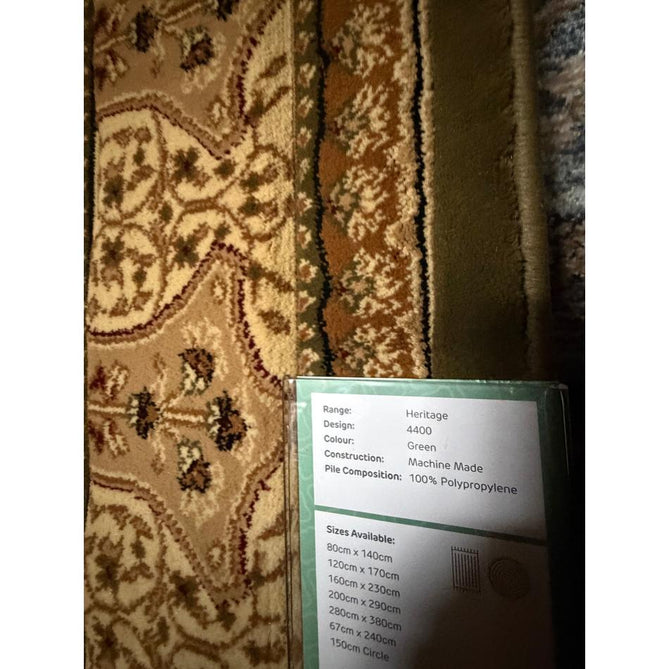 Heritage 4400 Traditional Medallion Floral Tonal Vine Border Soft Carved Hi-Low Durable Polypropylene Forest Green/Golden Beige/Cream Rug