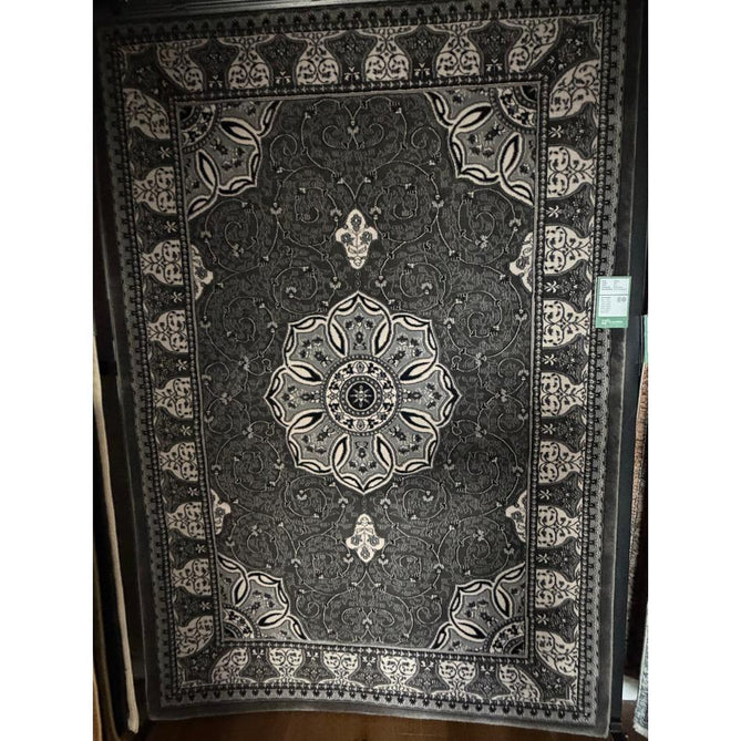 Heritage 4400 Traditional Medallion Floral Tonal Vine Border Soft Carved Hi-Low Durable Polypropylene Mid Grey/Silver/Charcoal/White Rug