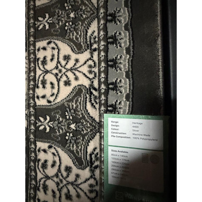 Heritage 4400 Traditional Medallion Floral Tonal Vine Border Soft Carved Hi-Low Durable Polypropylene Mid Grey/Silver/Charcoal/White Rug
