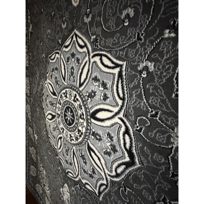 Heritage 4400 Traditional Medallion Floral Tonal Vine Border Soft Carved Hi-Low Durable Polypropylene Mid Grey/Silver/Charcoal/White Rug