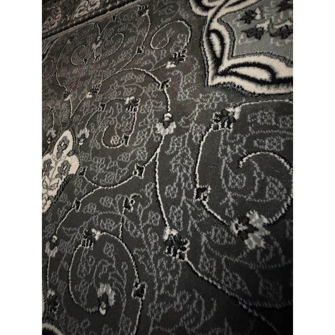 Heritage 4400 Traditional Medallion Floral Tonal Vine Border Soft Carved Hi-Low Durable Polypropylene Mid Grey/Silver/Charcoal/White Rug
