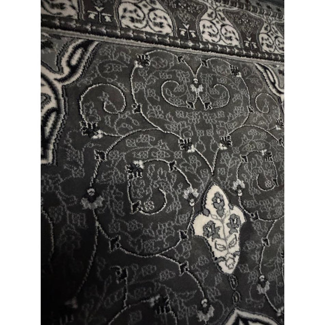Heritage 4400 Traditional Medallion Floral Tonal Vine Border Soft Carved Hi-Low Durable Polypropylene Mid Grey/Silver/Charcoal/White Rug