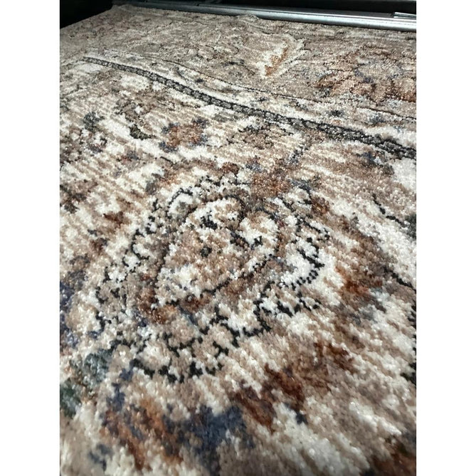 Vintage 35027 Traditional Persian Koum Distressed Floral Vine Border Soft Carved Textured Polypropylene Beige/Brown/Cream/Blue Rug
