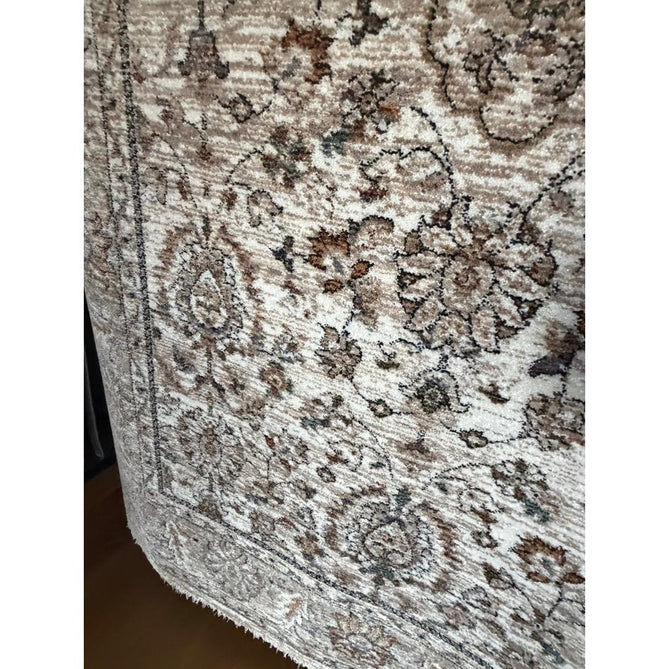 Vintage 35027 Traditional Persian Koum Distressed Floral Vine Border Soft Carved Textured Polypropylene Beige/Brown/Cream/Blue Rug