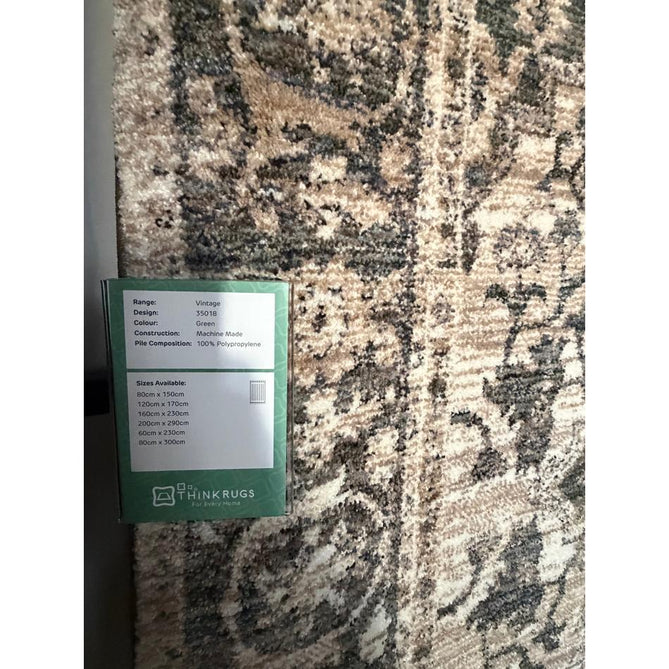 Vintage 35018 Traditional Persian Heriz Distressed Medallion Border Soft Carved Textured Polypropylene Cream/Beige/Green/Blue Rug