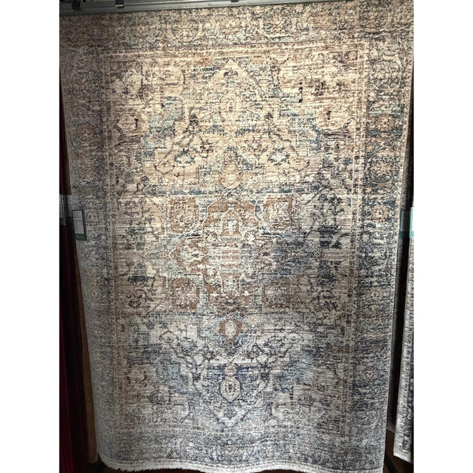 Vintage 35018 Traditional Persian Heriz Distressed Medallion Border Soft Carved Textured Polypropylene Cream/Beige/Blue/Terracotta Rug