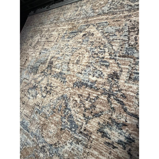 Vintage 35018 Traditional Persian Heriz Distressed Medallion Border Soft Carved Textured Polypropylene Cream/Beige/Blue/Terracotta Rug