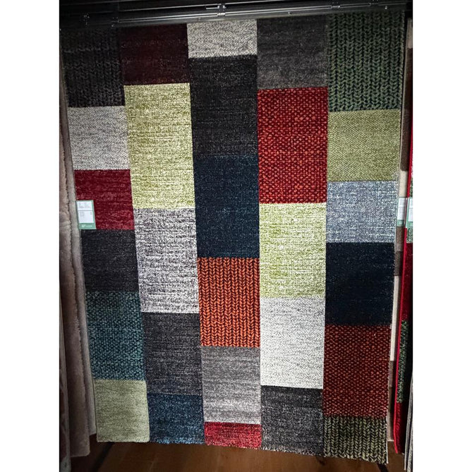 Brooklyn 21830 Modern Geometric Square Patchwork Blocks Soft Carved Durable Short Pile Grey/Multicolour Rug