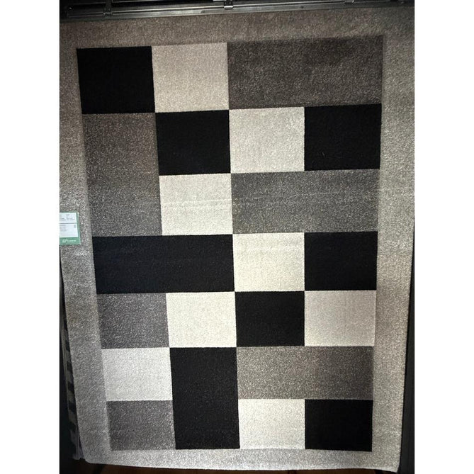 Brooklyn BRK04 Modern Geometric Patchwork Blocks Border Soft Carved Durable Short Pile Grey/DarkGrey/Cream Rug