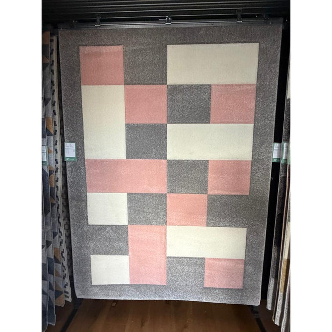 Brooklyn BRK04 Modern Geometric Patchwork Blocks Border Soft Carved Durable Short Pile Grey/Rose/Cream Rug