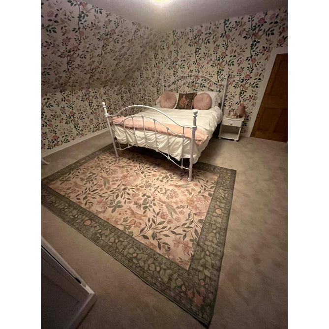 Washable Versailles H1423 Traditional Floral Border Distressed Soft Digitally Printed Lightweight Textured Polyester Flatweave Light Beige/Sage Green/Warm Rose Rug
