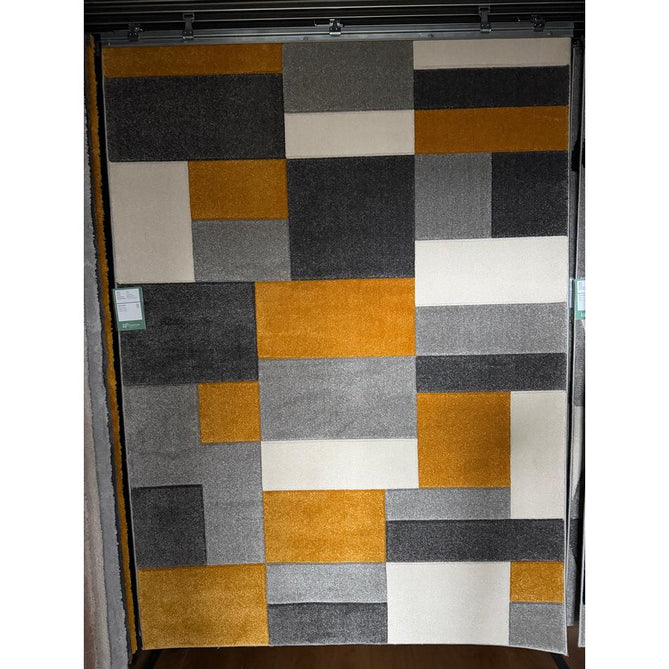 Matrix MT61 Modern Geometric Blocks Carved Soft Textured Easy-Care Durable Polypropylene Short Pile Grey/Yellow/Cream Rug
