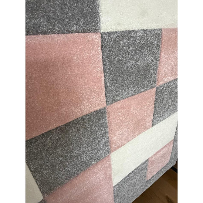 Brooklyn BRK04 Modern Geometric Patchwork Blocks Border Soft Carved Durable Short Pile Grey/Rose/Cream Rug