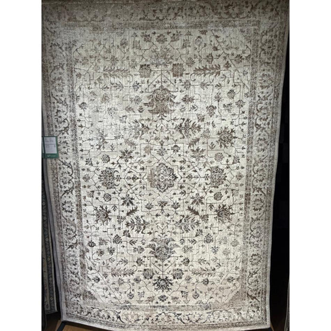 Creation 50112 Traditional Floral Medallion Border Metallic Shimmer Soft Textured Low Profile Short-Pile Beige/Ivory/Warm Taupe/Silver Rug