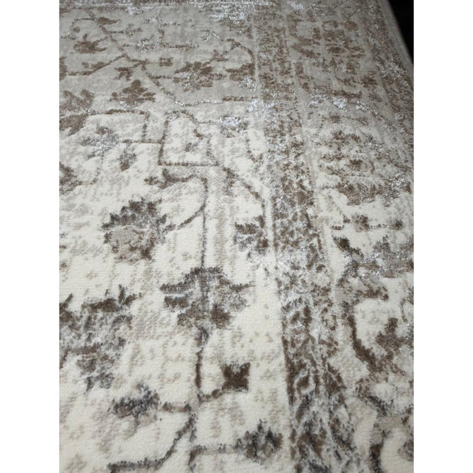 Creation 50112 Traditional Floral Medallion Border Metallic Shimmer Soft Textured Low Profile Short-Pile Beige/Ivory/Warm Taupe/Silver Rug