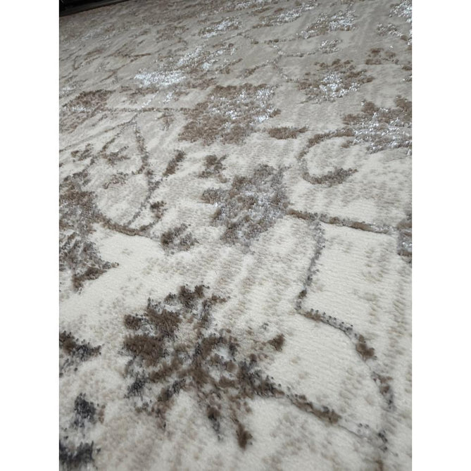 Creation 50112 Traditional Floral Medallion Border Metallic Shimmer Soft Textured Low Profile Short-Pile Beige/Ivory/Warm Taupe/Silver Rug
