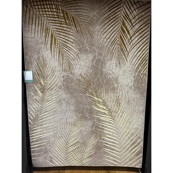 Creation 50051 Modern Botanical Ventation Distressed Metallic Shimmer Soft Textured Low Profile Short-Pile Beige/Gold Rug