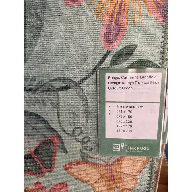 Washable Catherine Lansfield Amaya Tropical Birds Lightweight Printed Polyester Flatweave Aqua Green/Coral Pink/Peach Rug