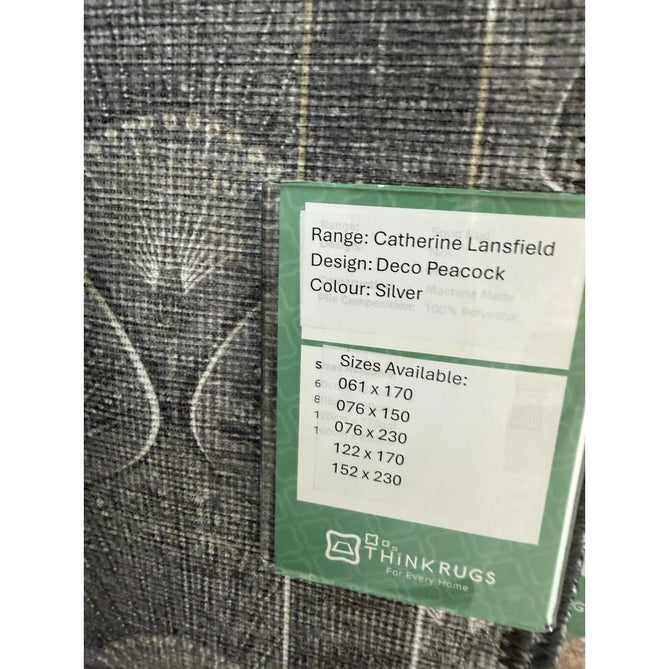 Washable Catherine Lansfield Deco Peacock Lightweight Printed Polyester Flatweave Silver Rug