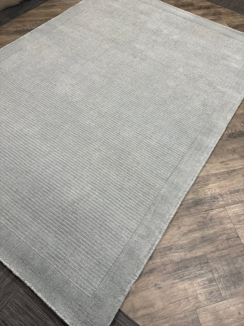 York Modern Plain Textured Subtle Ribbed Stripe Contrast Smooth Border Hand-Woven Wool Duck Egg Rug