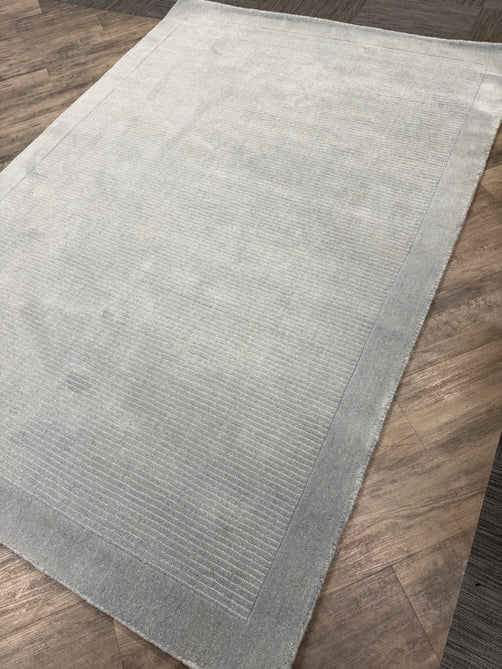 York Modern Plain Textured Subtle Ribbed Stripe Contrast Smooth Border Hand-Woven Wool Duck Egg Rug