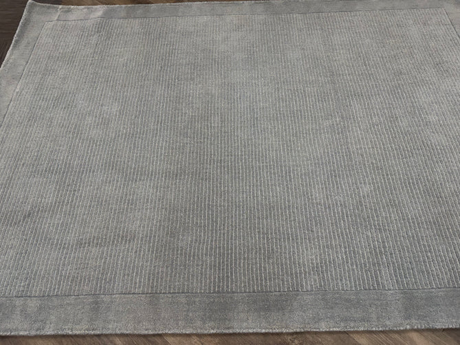 York Modern Plain Textured Subtle Ribbed Stripe Contrast Smooth Border Hand-Woven Wool Duck Egg Rug